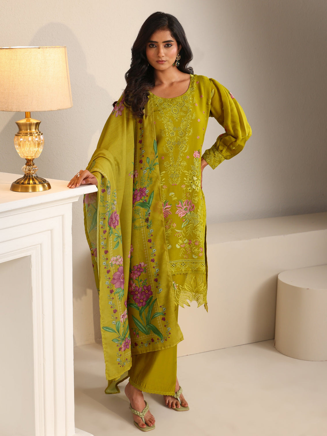 Mameraa Henna Green Floral Embroidered Chanderi Cotton Straight Suit Set