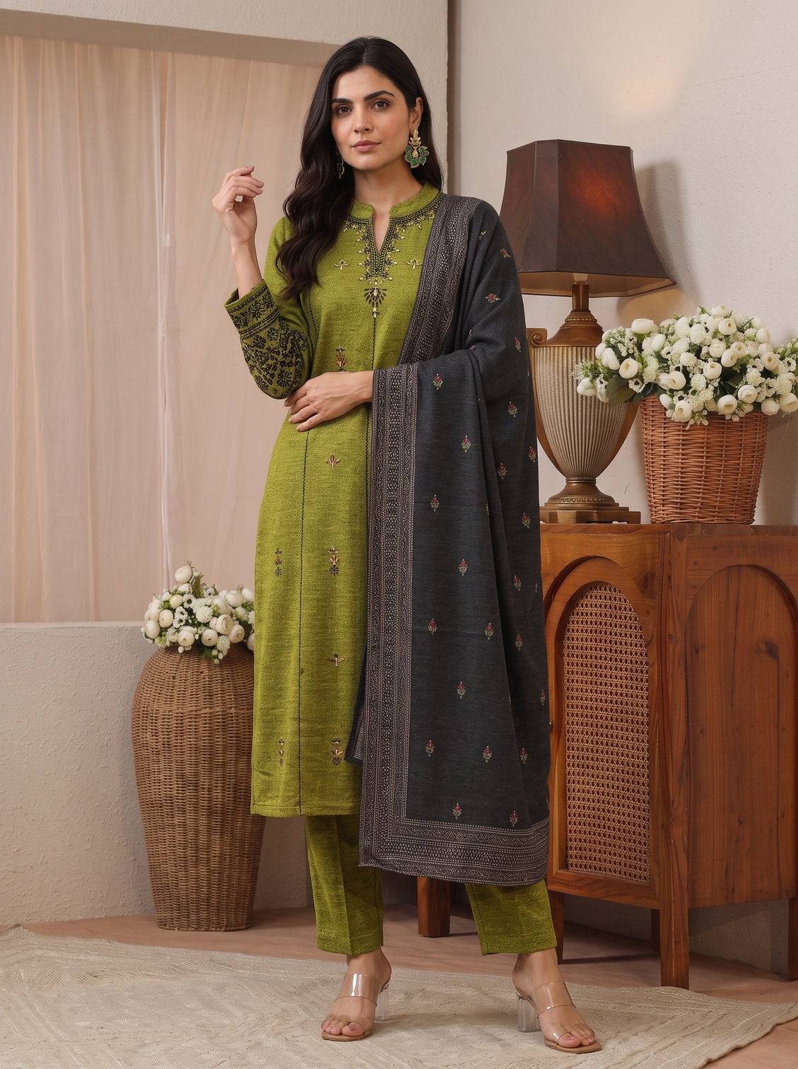 Mameraa Henna Green Floral Embroidered Wool Straight Suit Set
