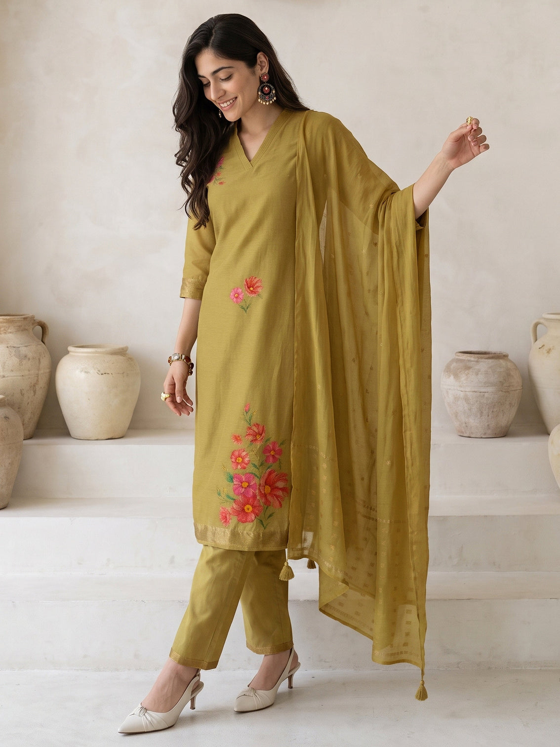 Mameraa Henna Green Floral Printed Silk Blend Straight Suit Set