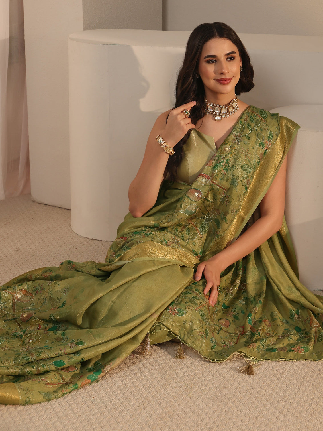 Mameraa Henna Green Floral Printed Silk Blend Tassel Saree