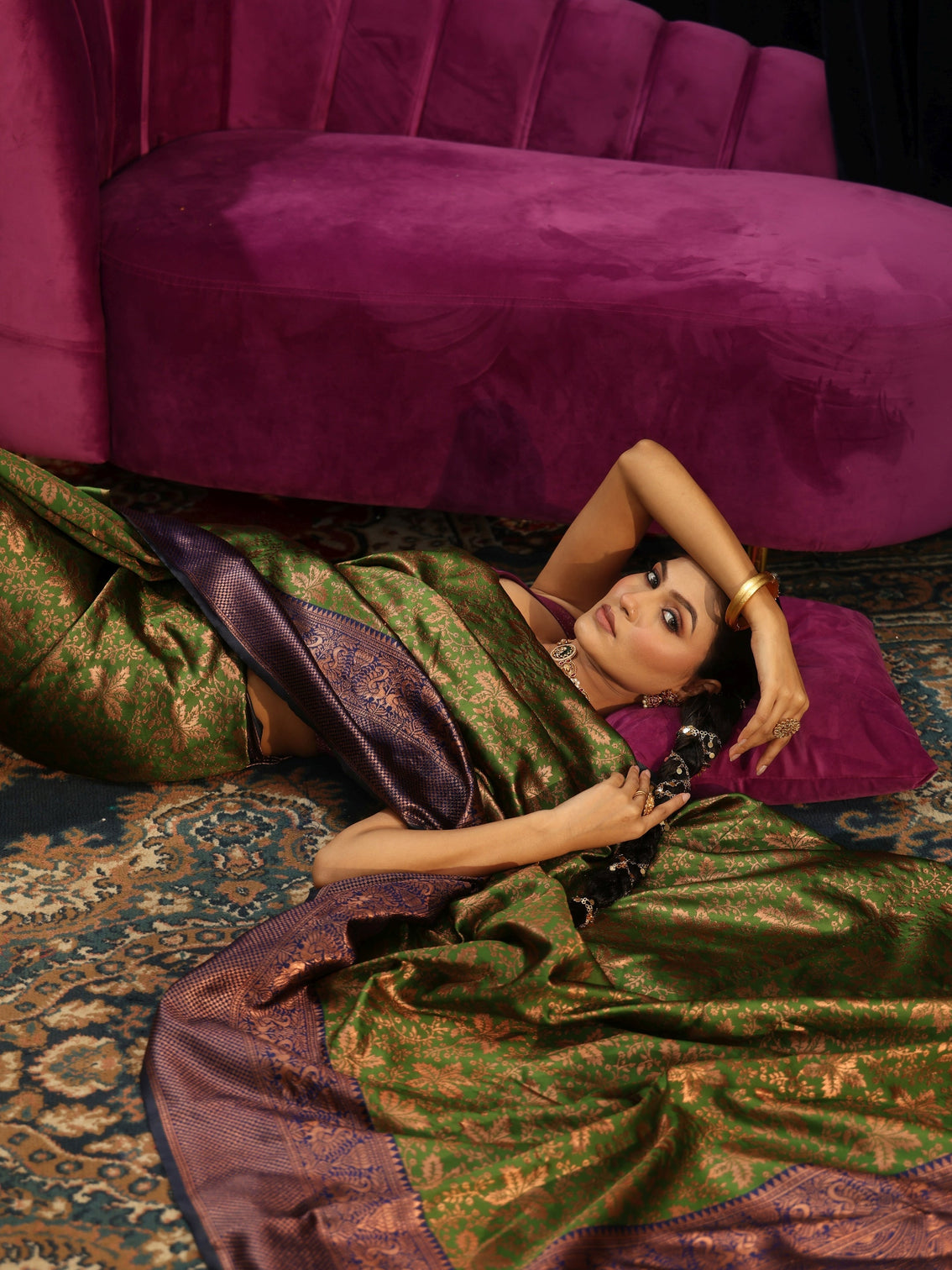 Mameraa Henna Green Floral Woven Design Silk Blend Saree