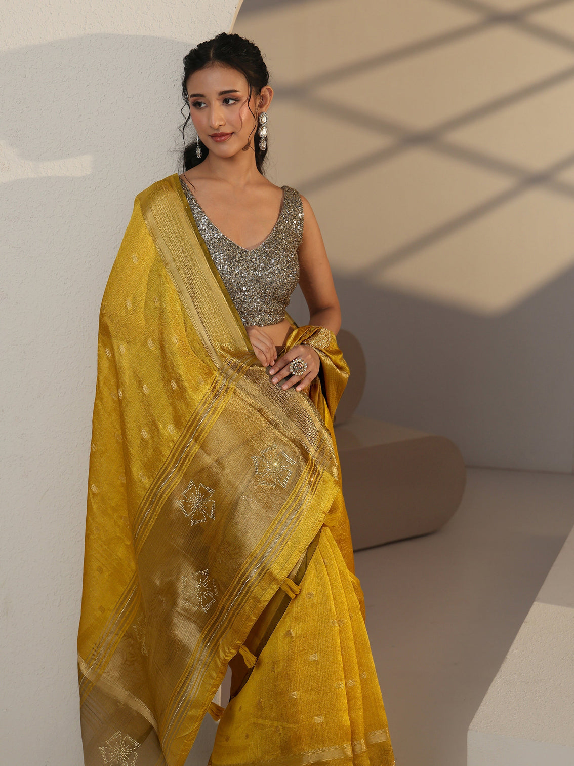 Mameraa Henna Green Peacock Motif Chanderi Silk Saree