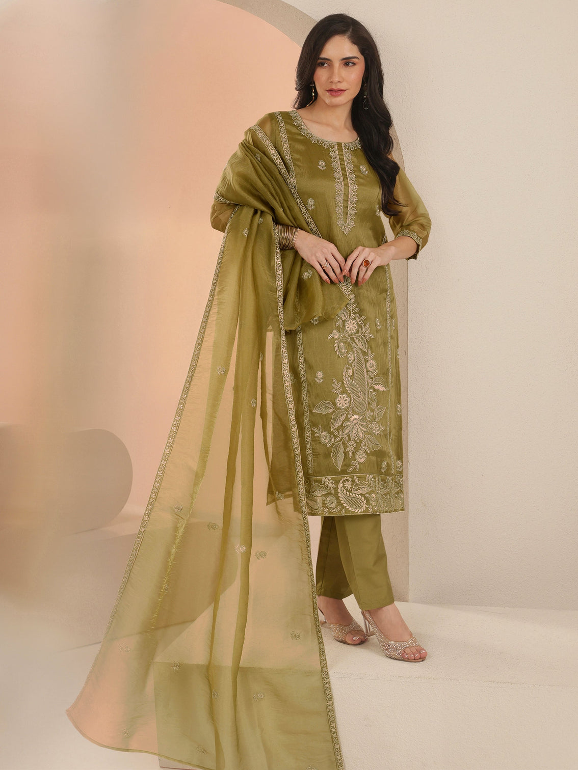 Mameraa Henna Yellow Paisley Embroidered Organza Straight Suit Set - Mameraa