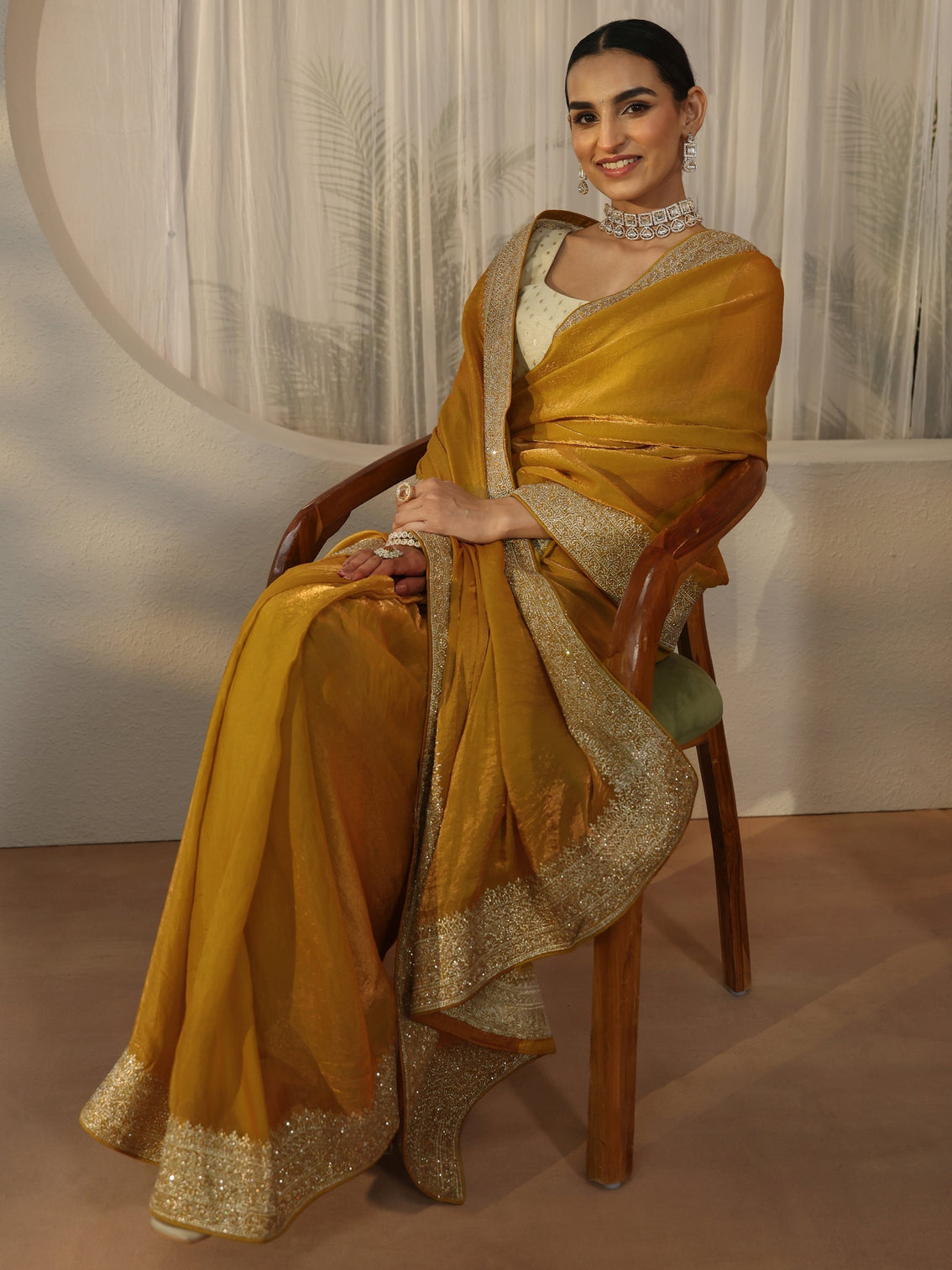 Mameraa Honey Yellow Tissue Saree with Embellished Border