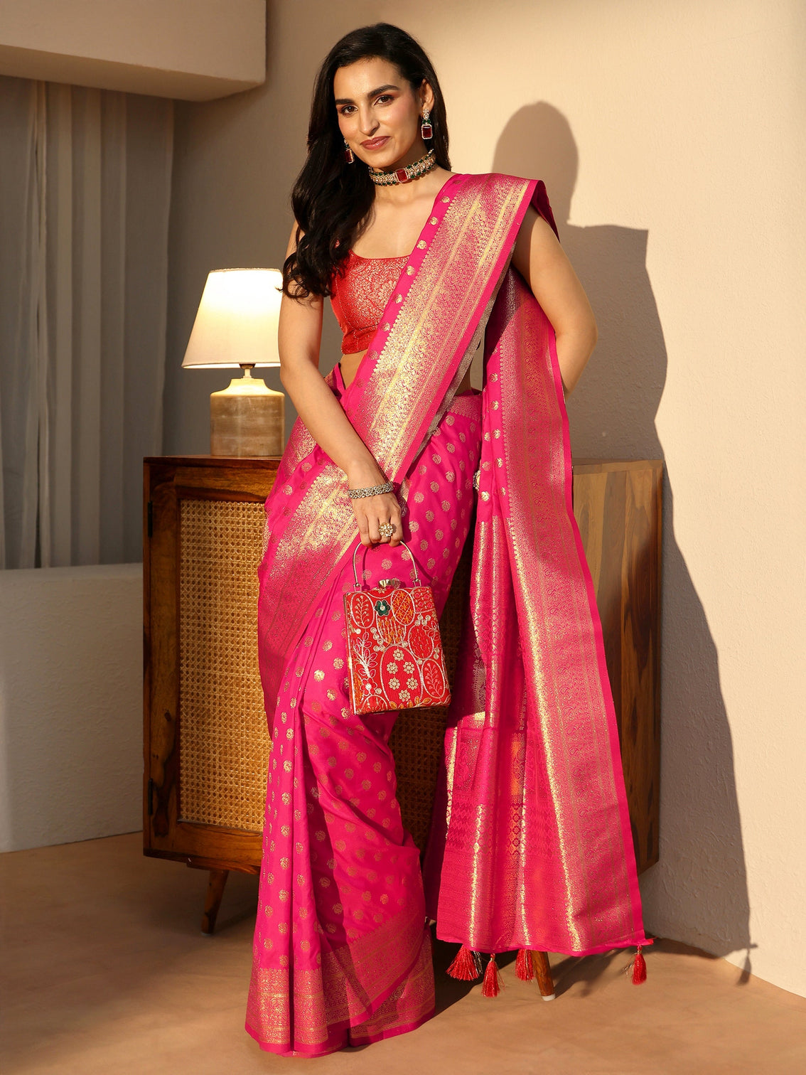 Mameraa Hot Pink Banarasi Silk Blend Saree