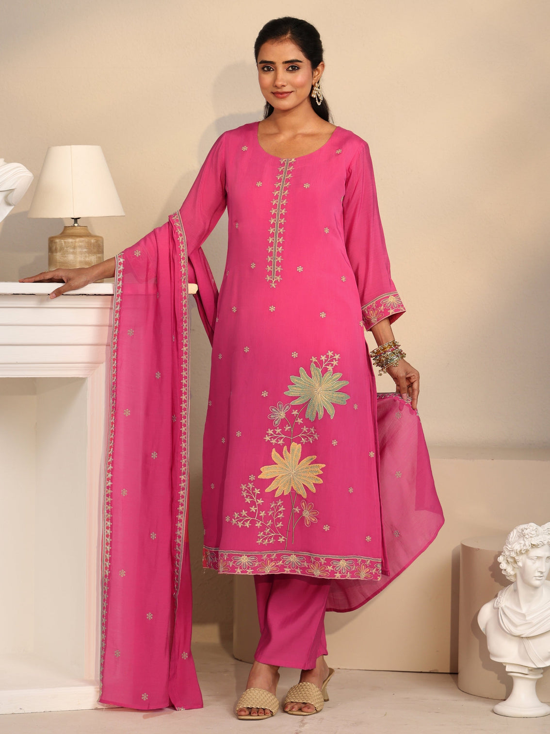 Mameraa Hot Pink Floral Embroidered Chanderi Silk Straight Suit Set