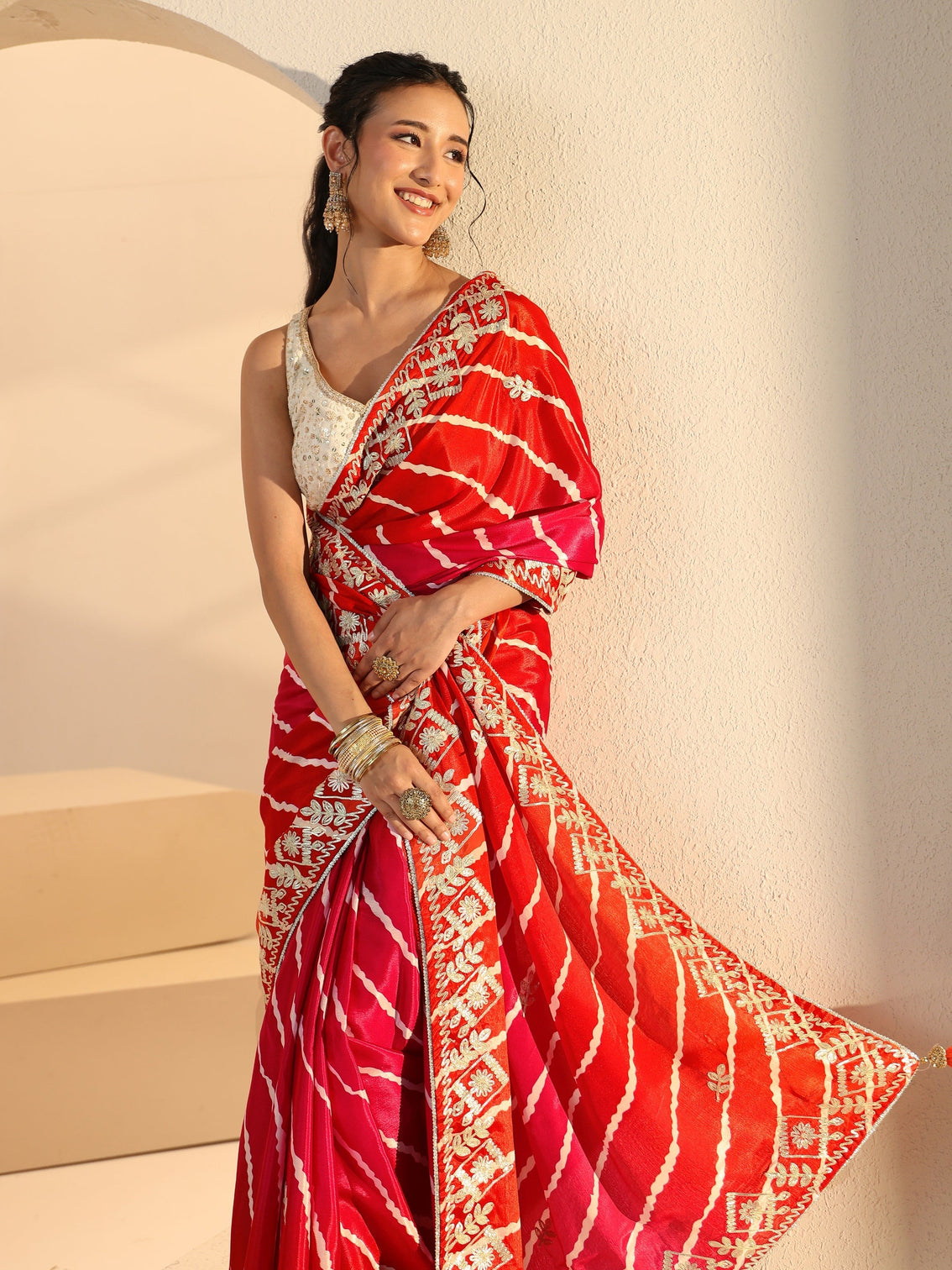 Mameraa Hot Pink Leheriya Printed Ombre Silk Blend Saree