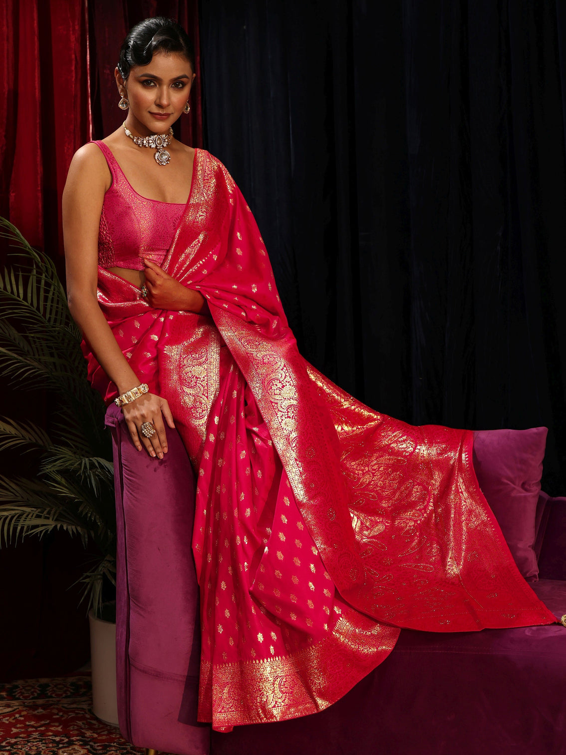 Mameraa Hot Pink Silk Blend Banarasi Saree