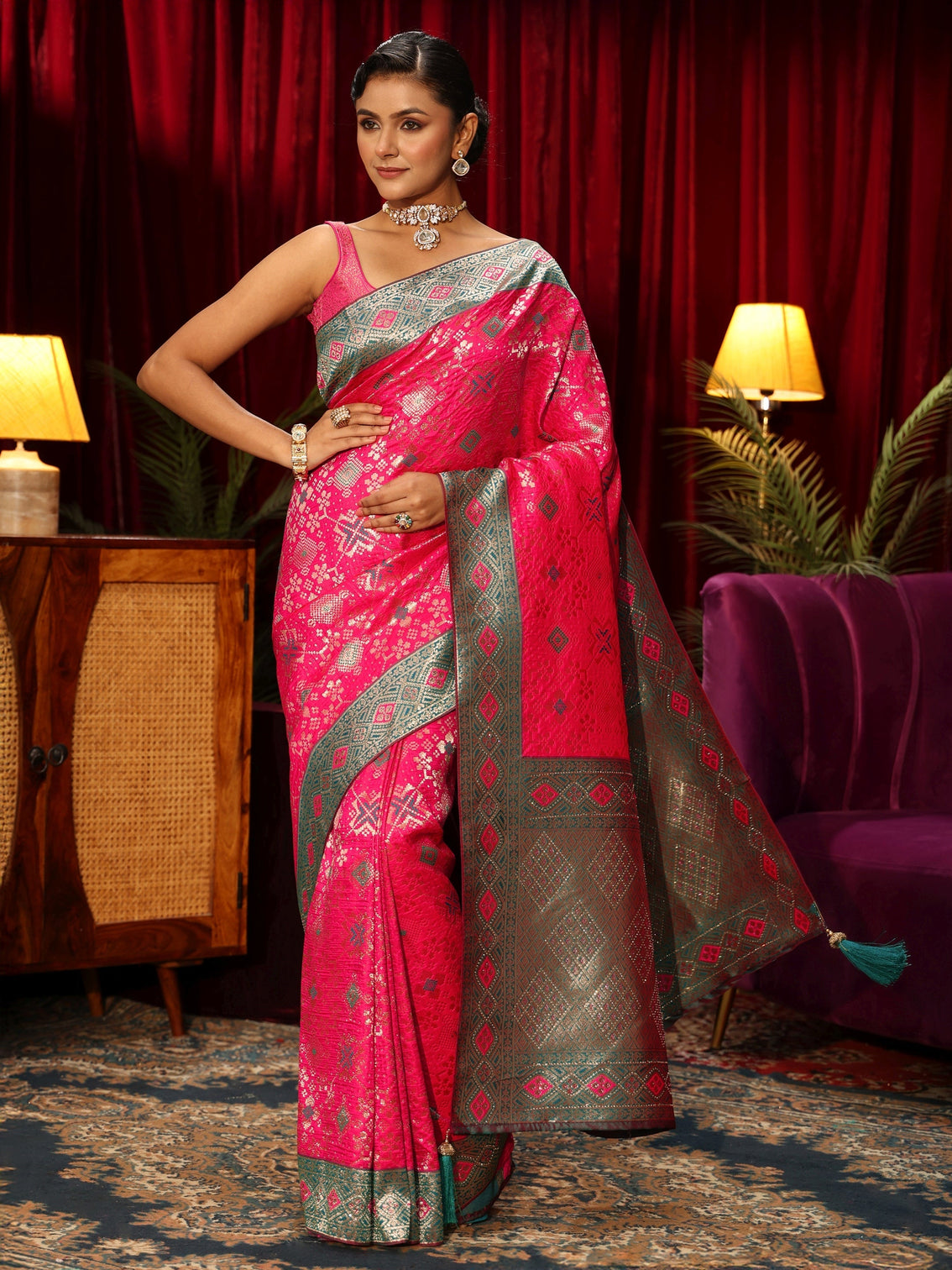 Mameraa Hot Pink Woven Design Embellished Silk Blend Patola Saree