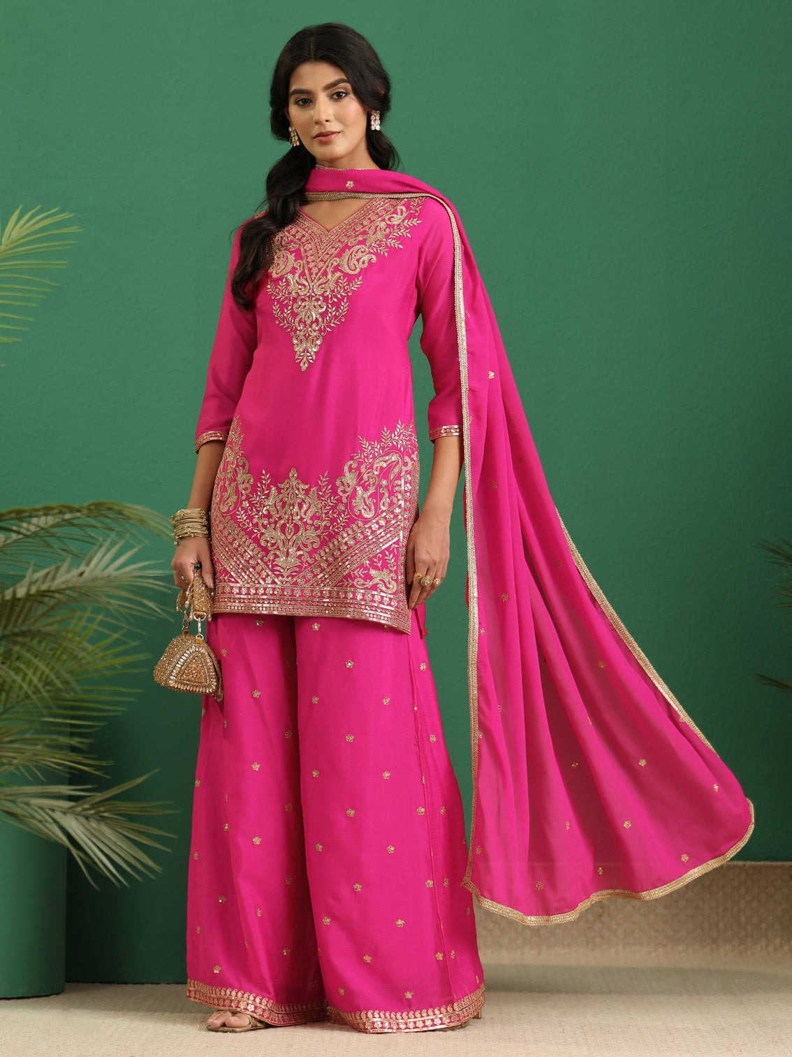 Mameraa Hot Pink Yoke Design Chinon Palazzo Suit Set