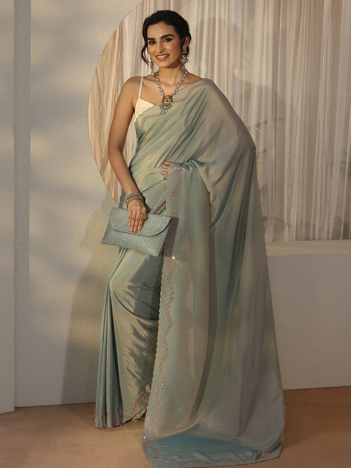 Mameraa Ice Blue Embellished Satin Saree with Scalloped Border