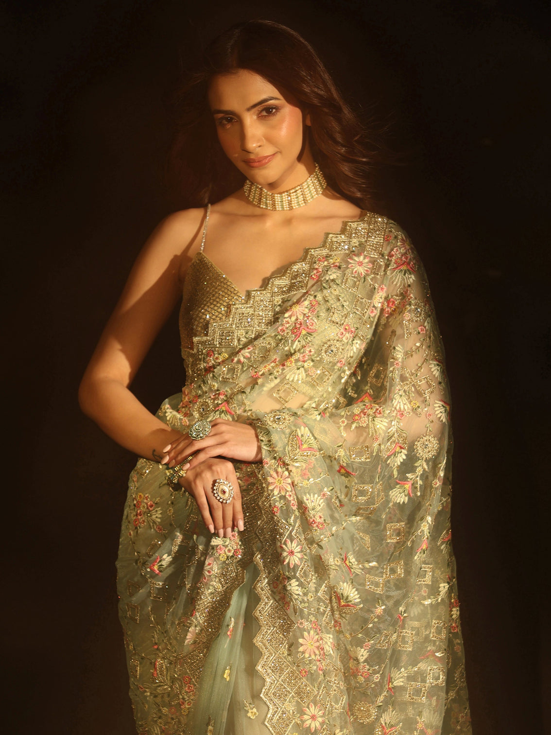 Mameraa Ice Blue Floral Embellished Net Saree