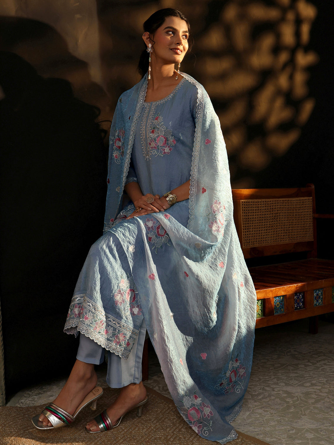Mameraa Ice Blue Floral Embroidered Organza Straight Suit Set