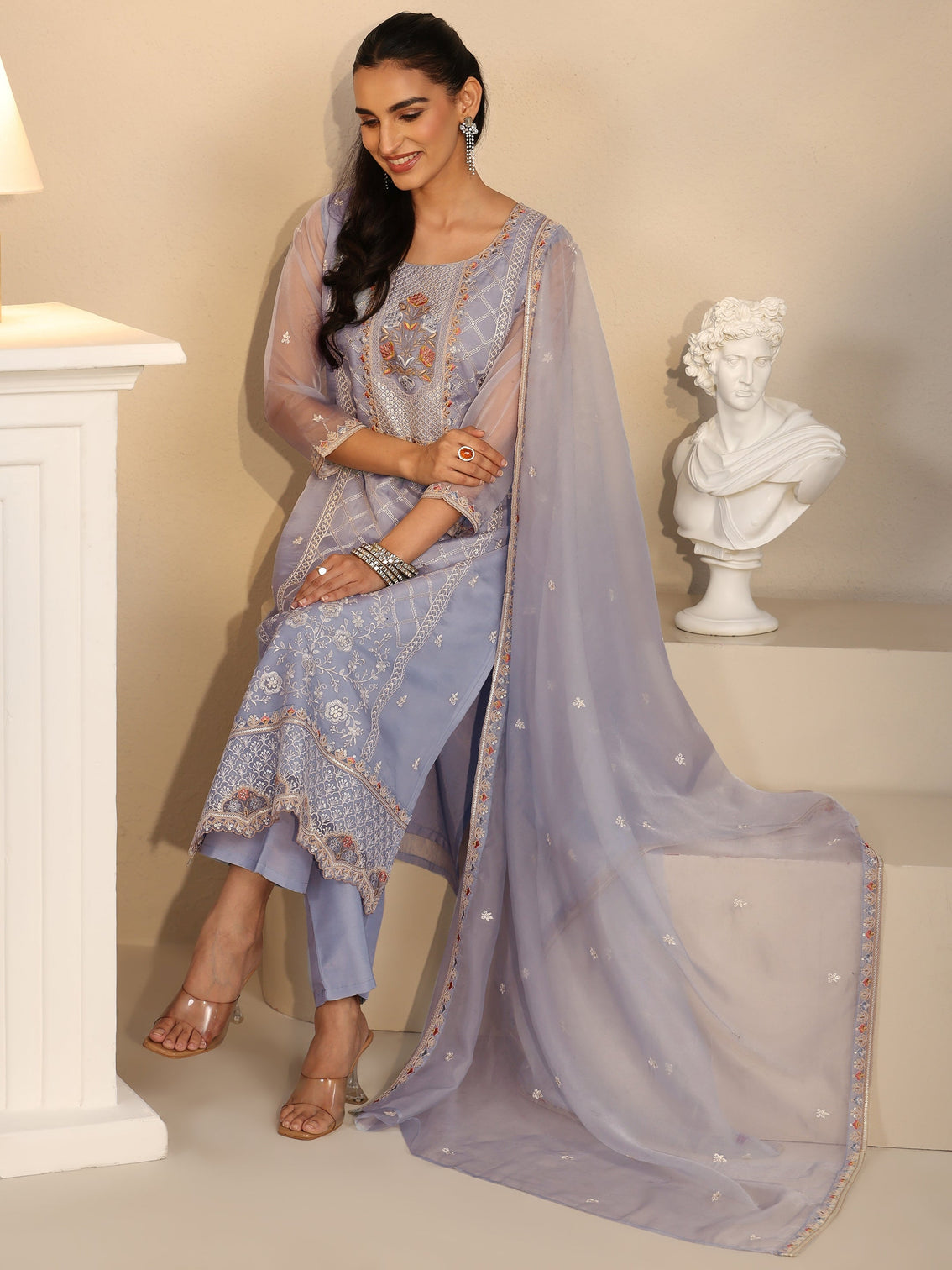 Mameraa Ice Blue Floral Embroidered Organza Straight Suit Set