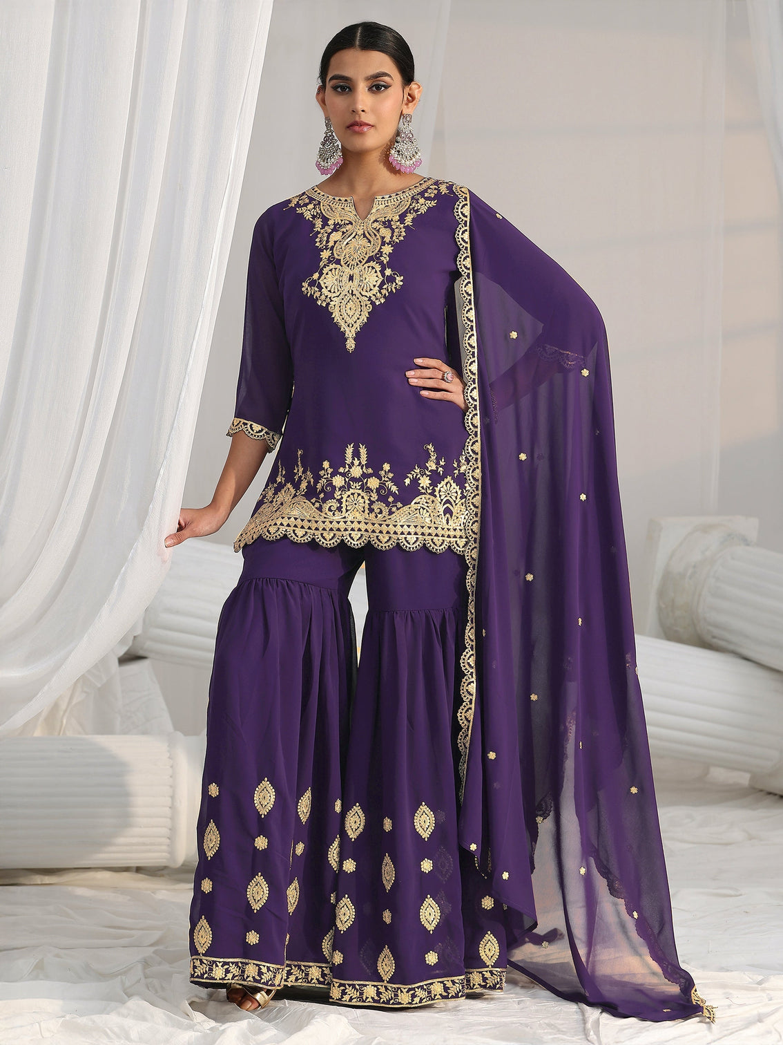 Mameraa Imperial Purple Ethnic Embroidered Sharara Suit Set