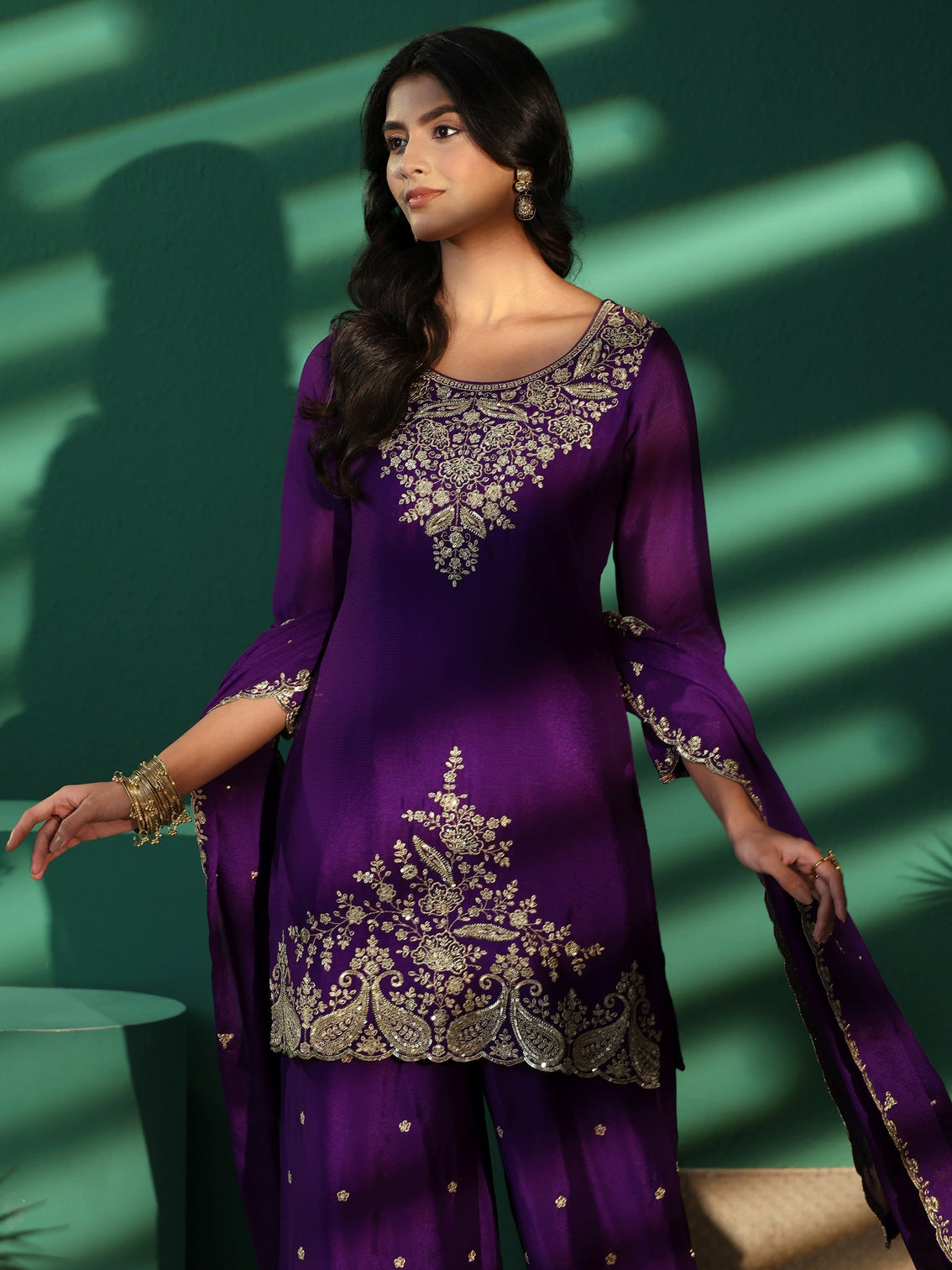 Mameraa Imperial Purple Paisley Embellished Chinon Palazzo Suit Set