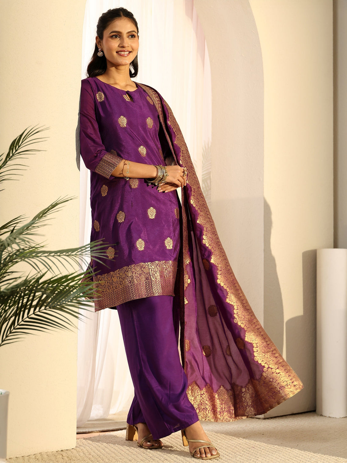 Mameraa Imperial Purple Woven Chanderi Silk Palazzo Suit Set