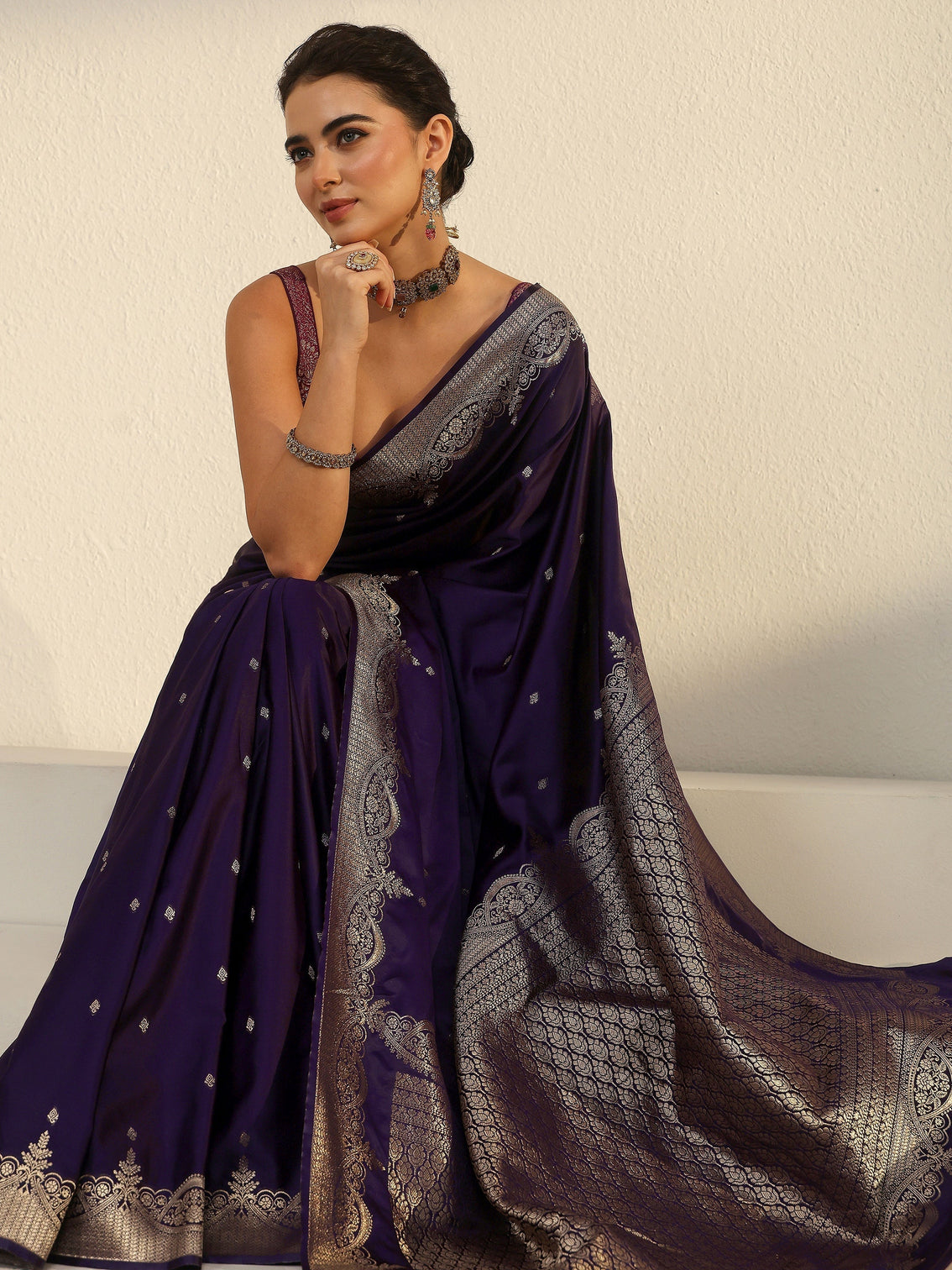 Mameraa Imperial Purple Woven Design Satin Saree