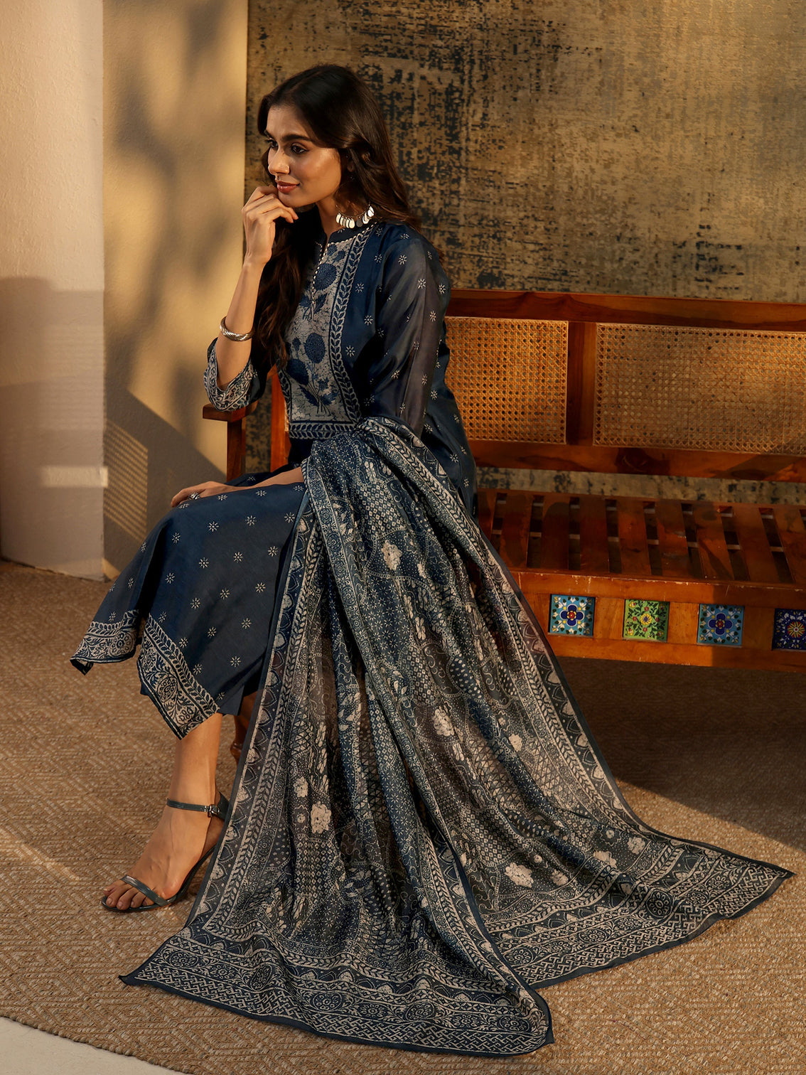 Mameraa Indigo Blue Floral Printed Chanderi Silk Straight Suit Set