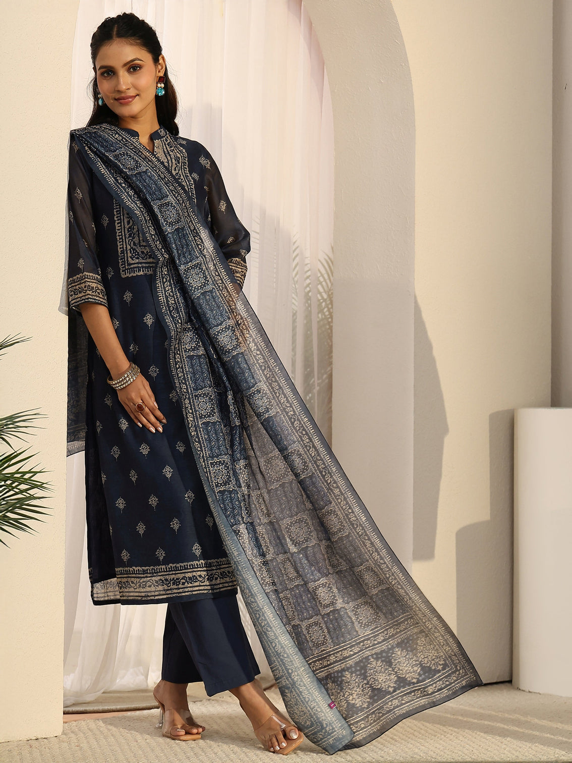 Mameraa Indigo Blue Printed Chanderi Silk Straight Suit Set