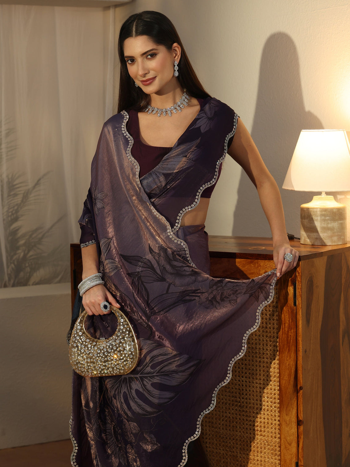Mameraa Ink Blue Floral Printed Tissue Saree with Embellished Border