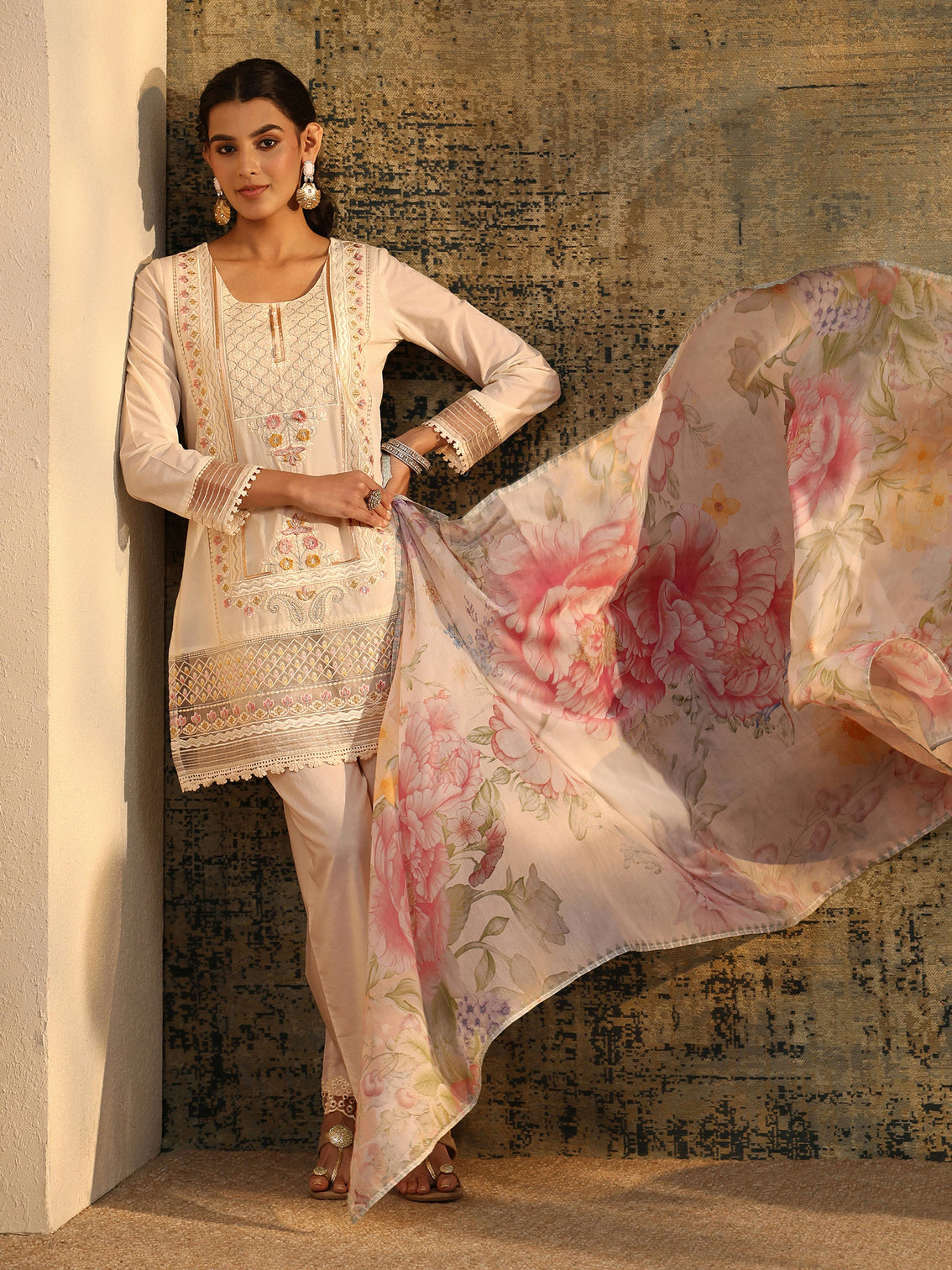 Mameraa Ivory Embroidered Cotton Short Kurta Pant Suit Set