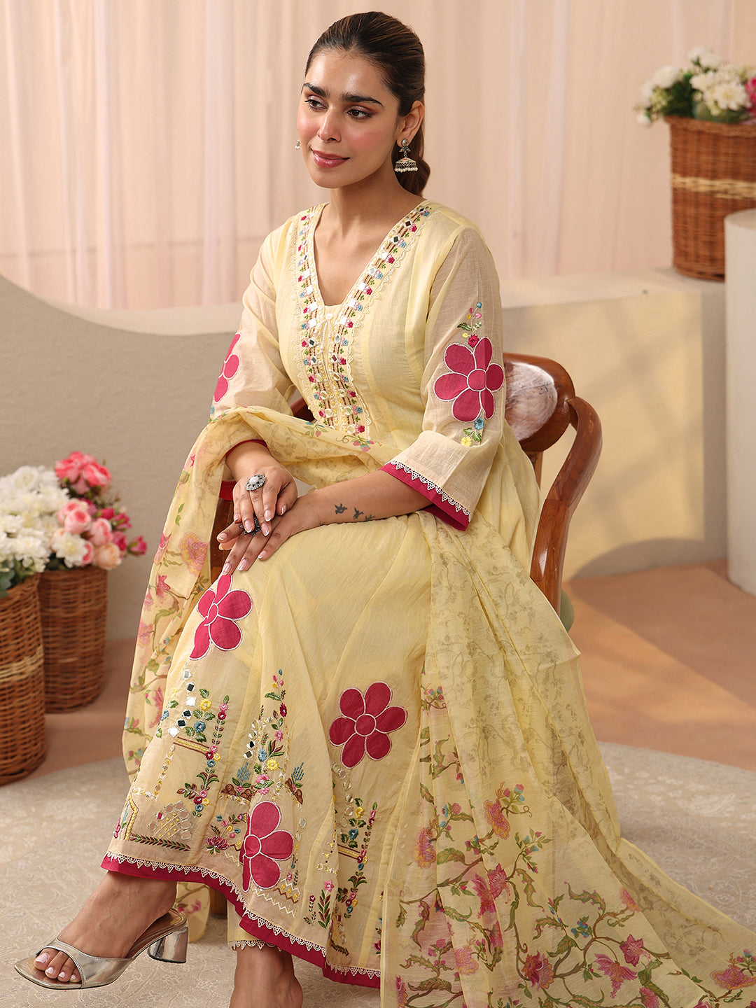 Mameraa Ivory Floral Embroidered Silk Blend A-line Suit Set