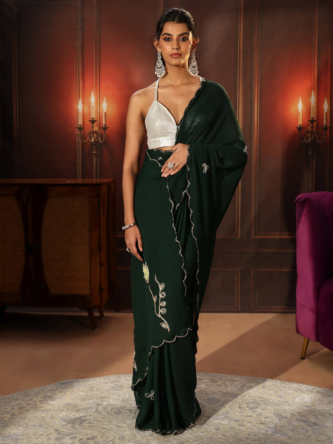Mameraa Jungle Green Chiffon Saree with Floral Applique Design Pallu