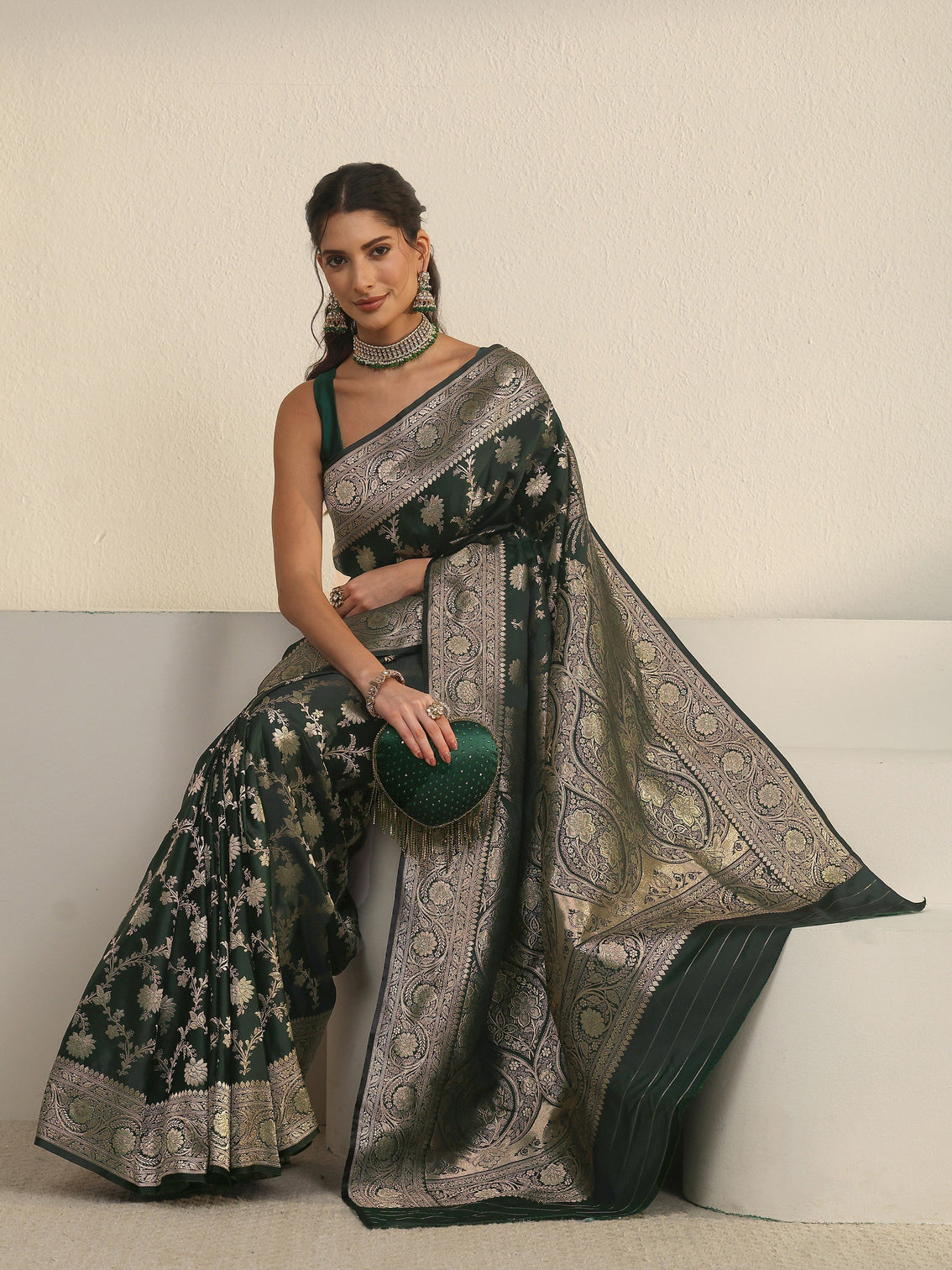 Mameraa Jungle Green Floral Woven Design Banarasi Satin Saree