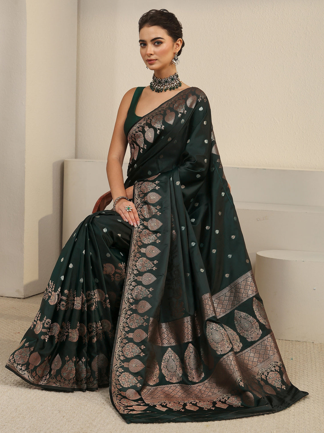 Mameraa Jungle Green Woven Design Banarasi Satin Saree