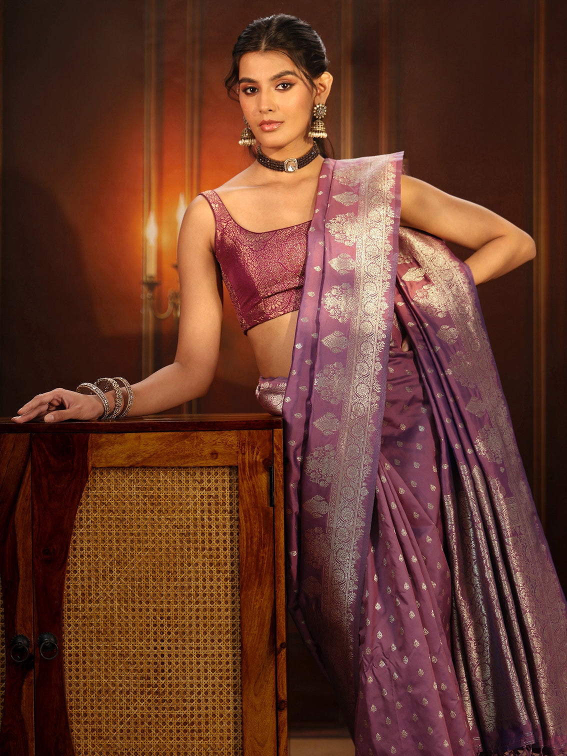 Mameraa Lavender Banarasi Silk Blend Saree