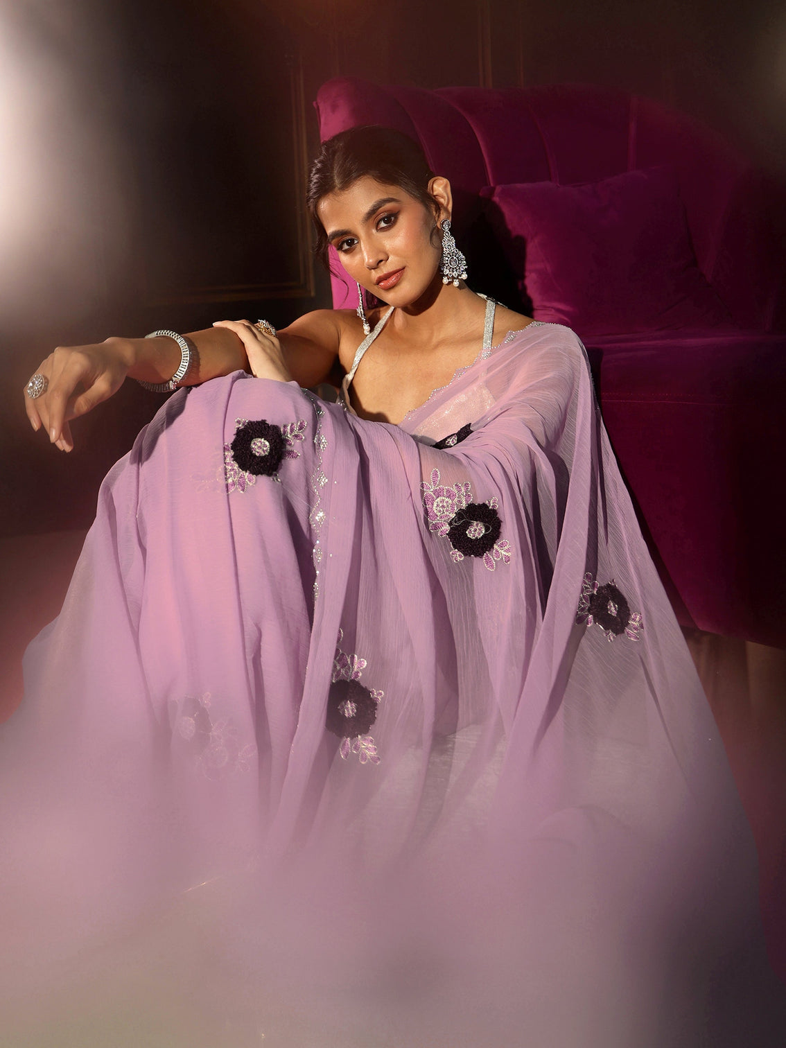 Mameraa Lavender Chiffon Saree with Embellished Floral Motifs