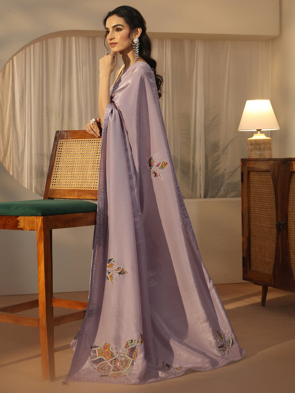 Mameraa Lavender Embellished Satin Saree with Applique Design