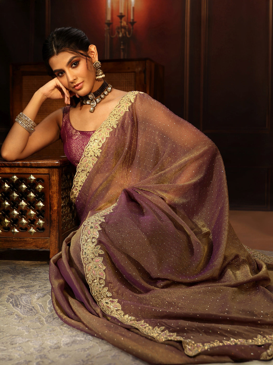 Mameraa Lavender Embellished Tissue Saree with Floral Border