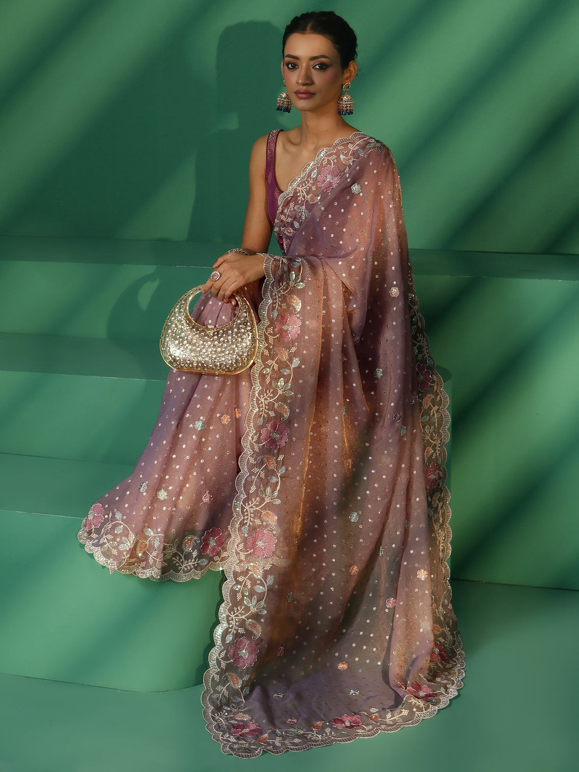 Mameraa Lavender Embellished Tissue Saree with Floral Embroidered Border