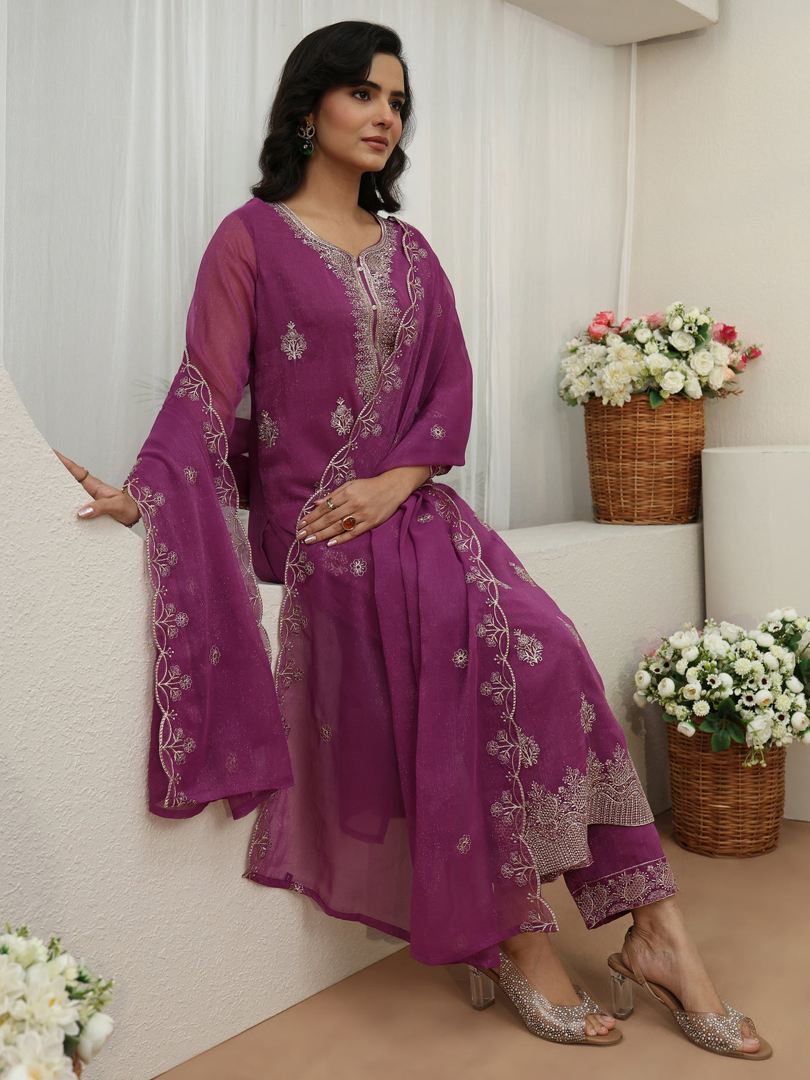 Mameraa Lavender Embroidered Chinon Straight Suit Set