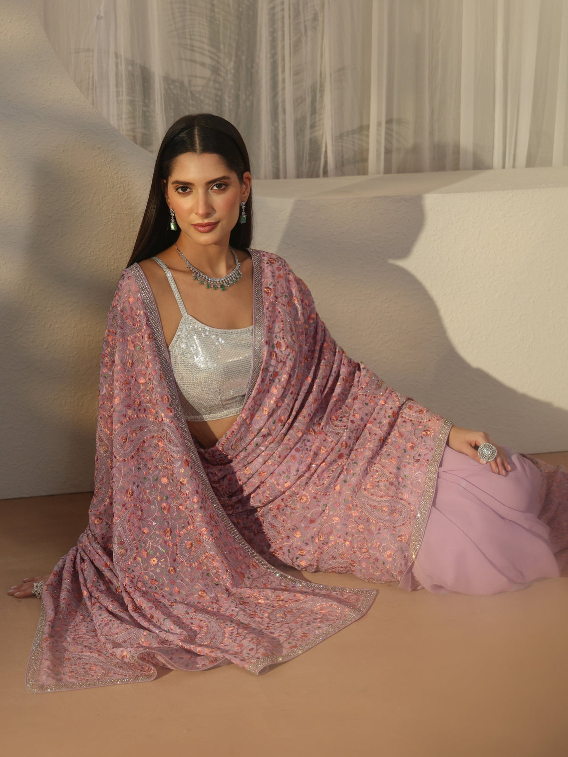 Mameraa Lavender Embroidered Georgette Saree