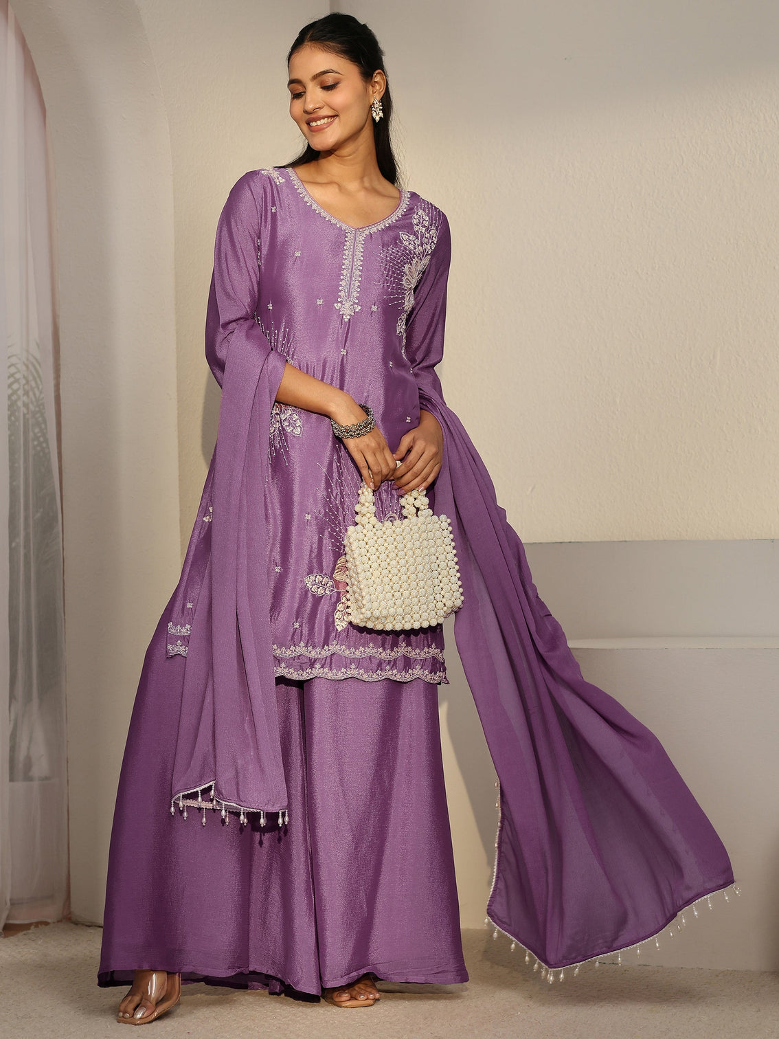 Mameraa Lavender Floral Embellished Chinon Palazzo Suit Set
