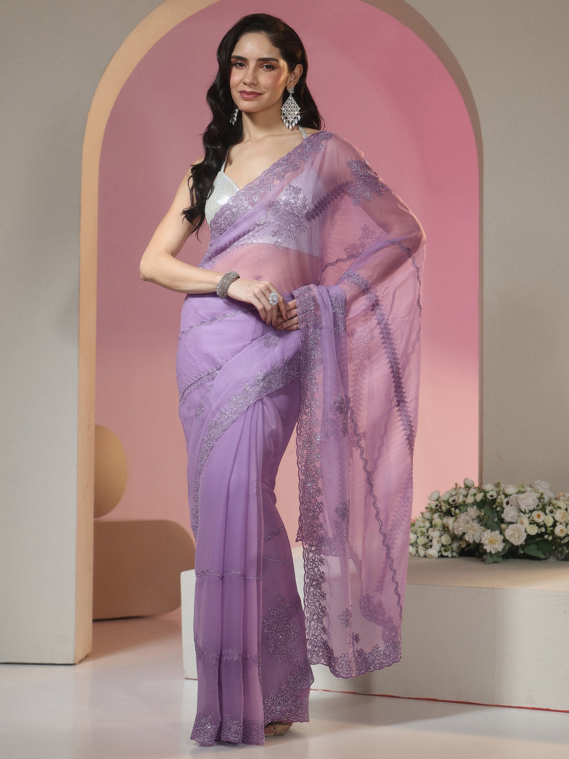 Mameraa Lavender Floral Embellished Silk Blend Saree