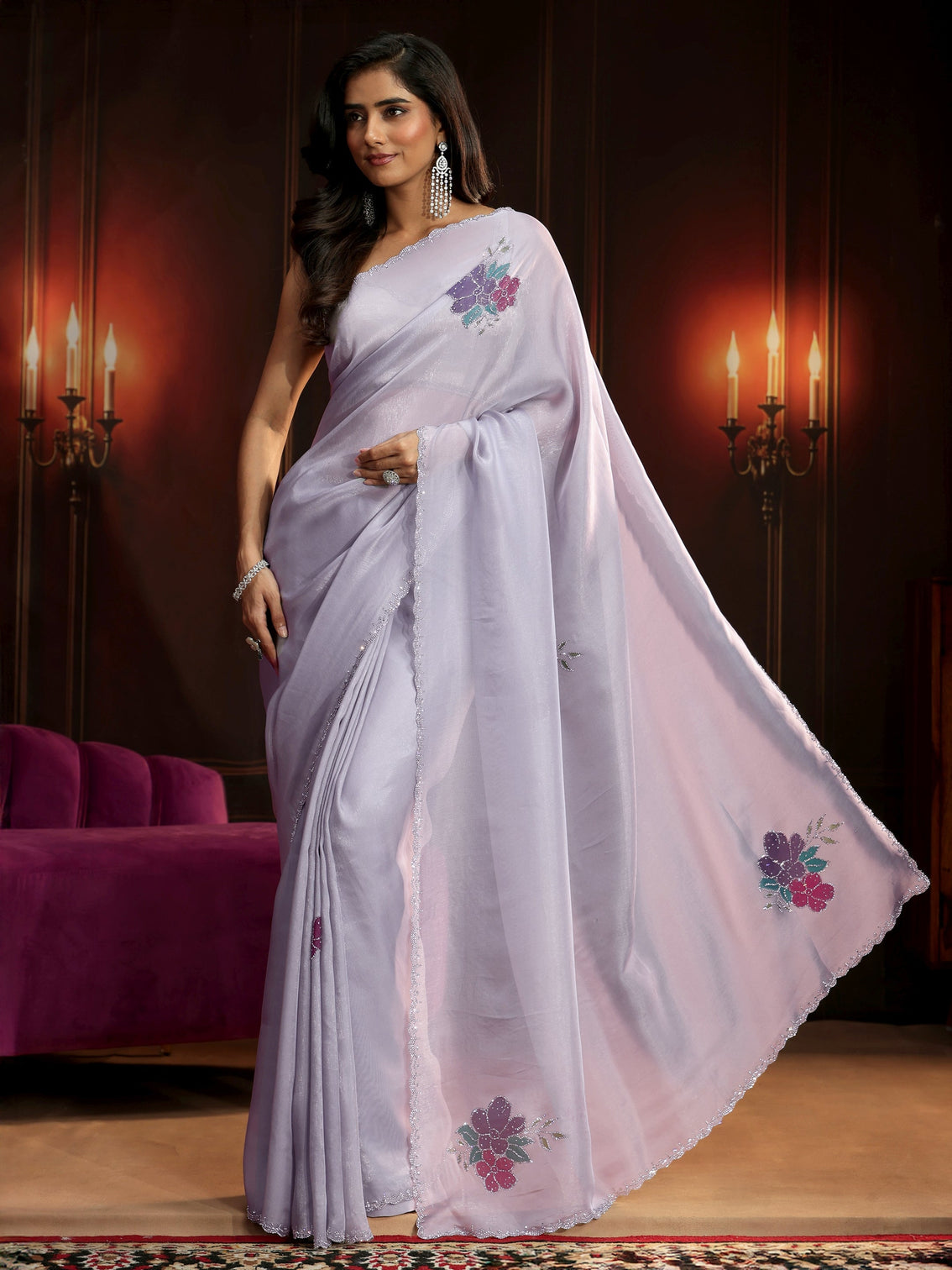Mameraa Lavender Floral Embellished Tissue Saree