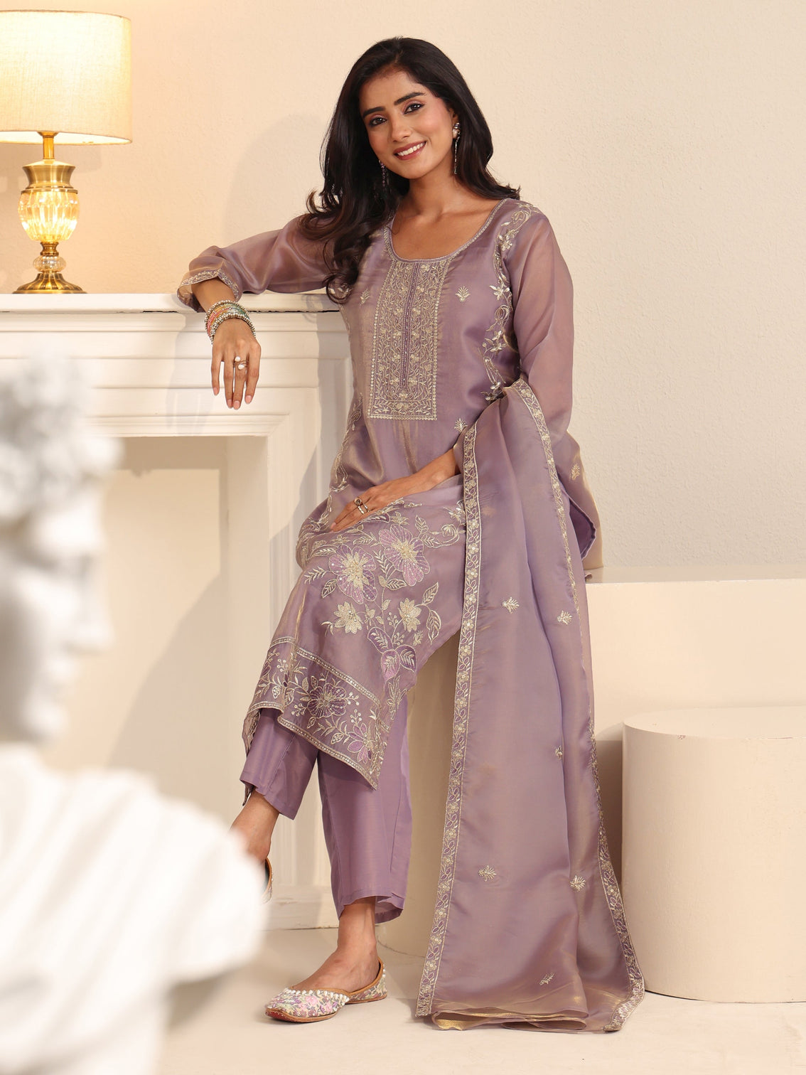 Mameraa Lavender Floral Embellished Tissue Straight Suit Set