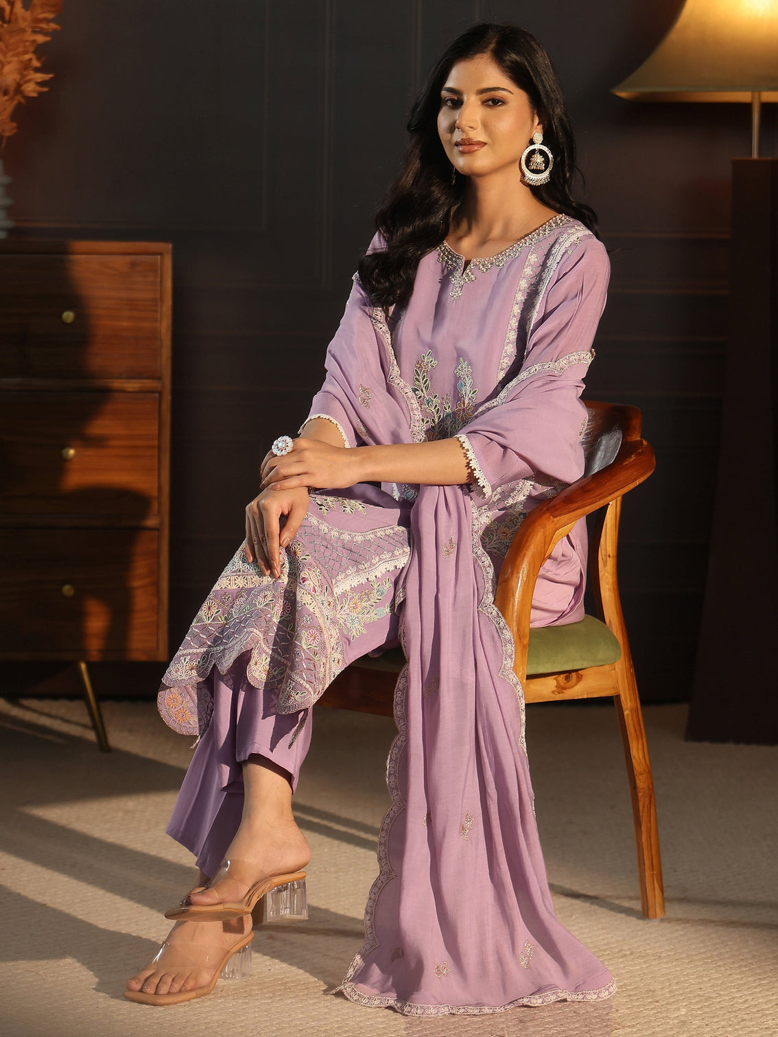 Mameraa Lavender Floral Embroidered Chanderi Cotton Straight Suit Set