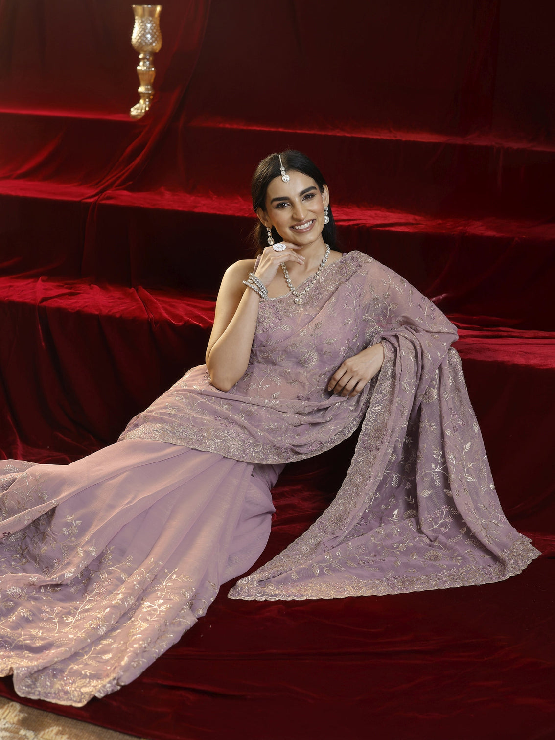 Mameraa Lavender Floral Embroidered Chiffon Saree