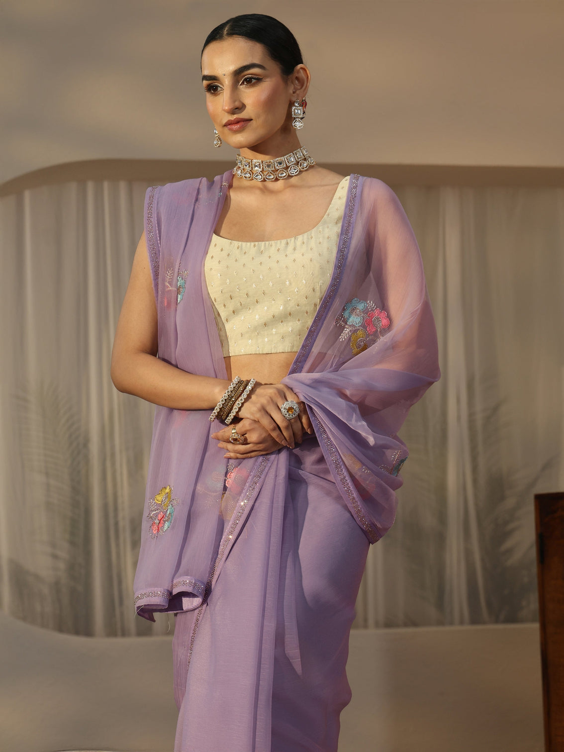 Mameraa Lavender Floral Embroidered Chiffon Saree