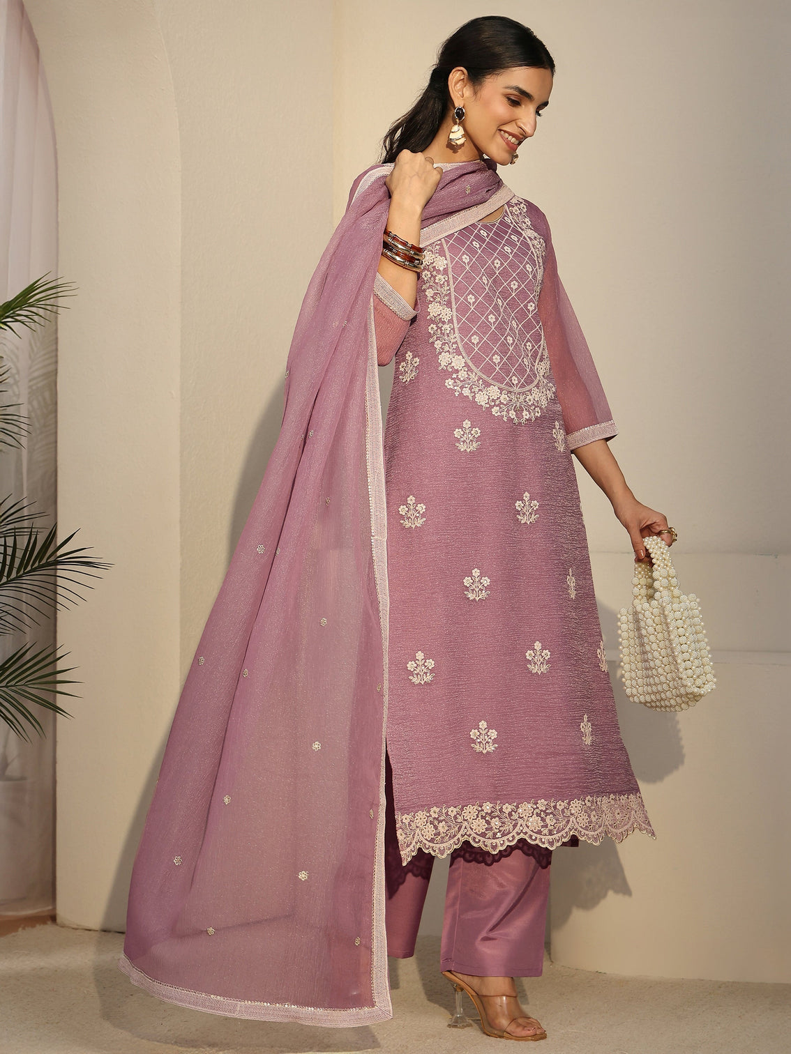 Mameraa Lavender Floral Embroidered Chiffon Straight Suit Set
