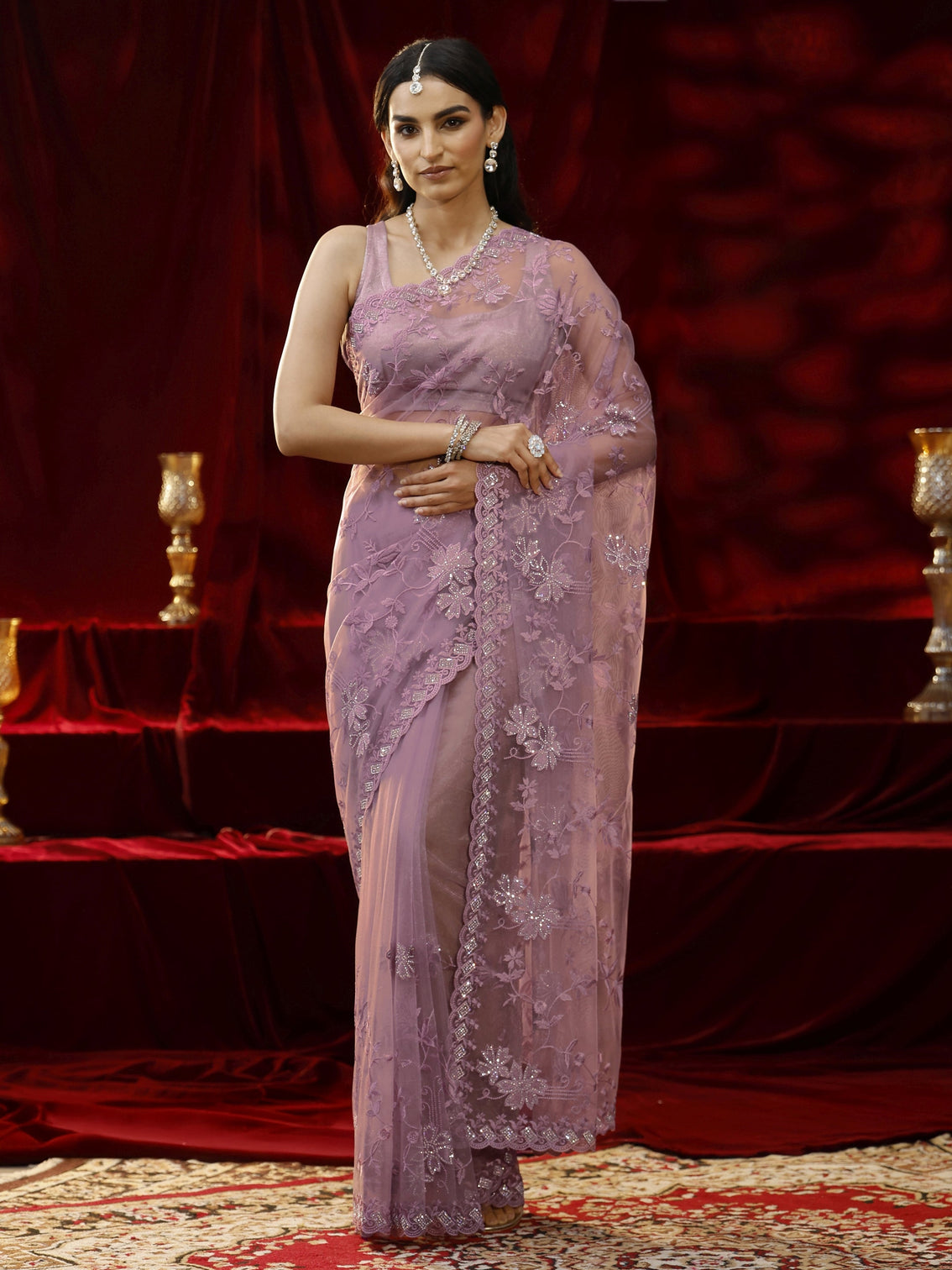 Mameraa Lavender Floral Embroidered Net Saree