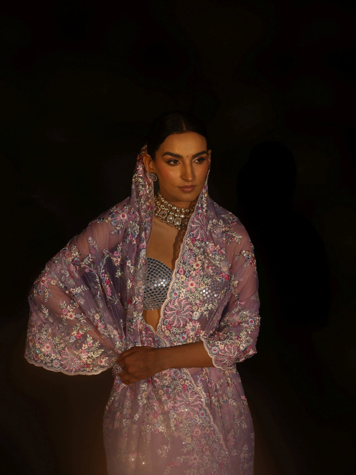 Mameraa Lavender Floral Embroidered Net Saree