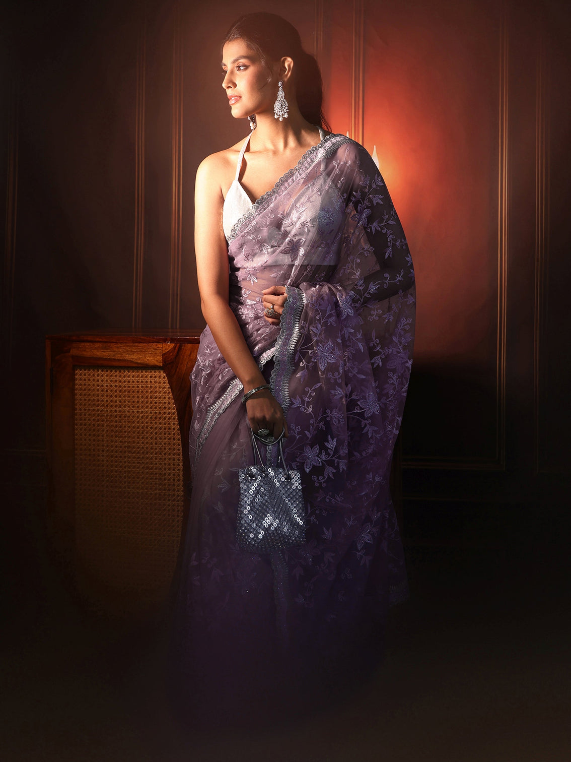 Mameraa Lavender Floral Embroidered Net Saree