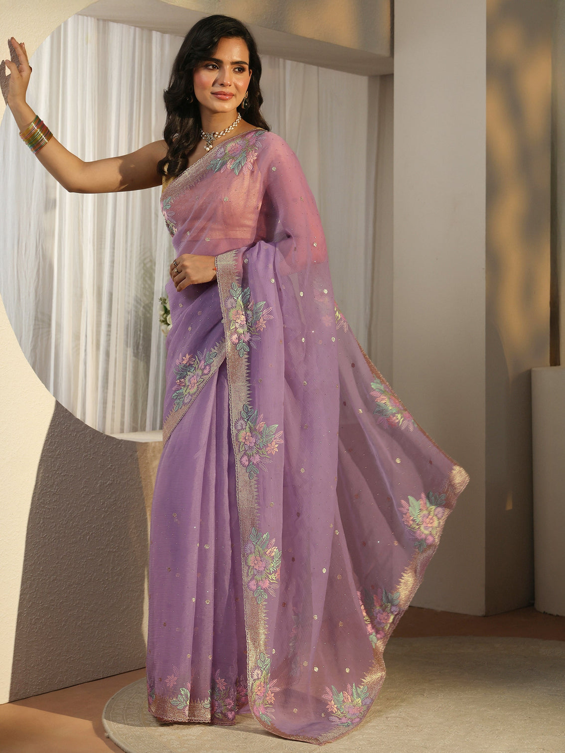 Mameraa Lavender Floral Embroidered Organza Saree