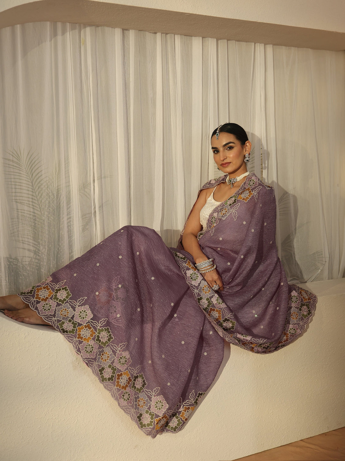 Mameraa Lavender Floral Embroidered Organza Saree